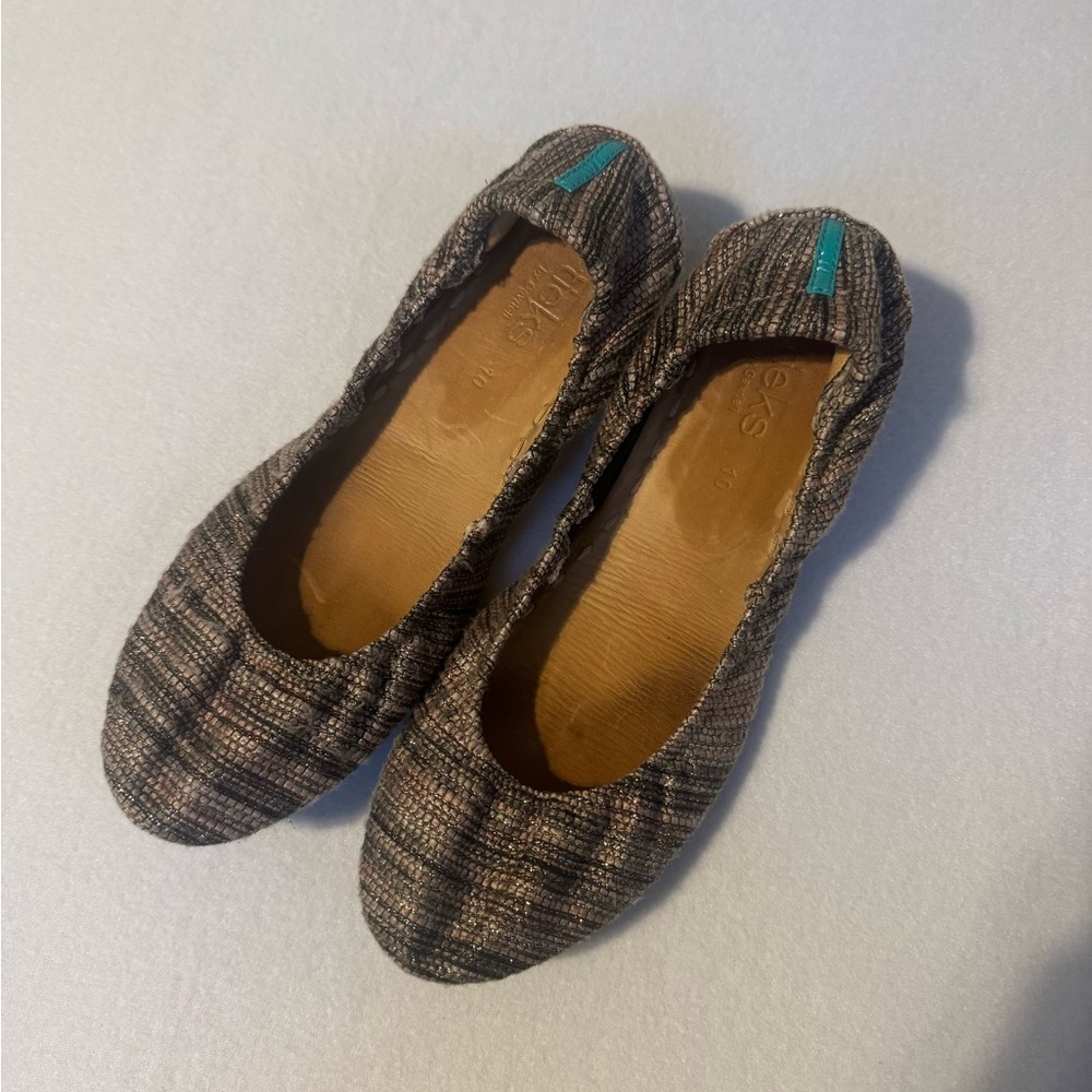 Tieks Women's Brown Multicolor Tweed Ballet Flats with Teal Accents
